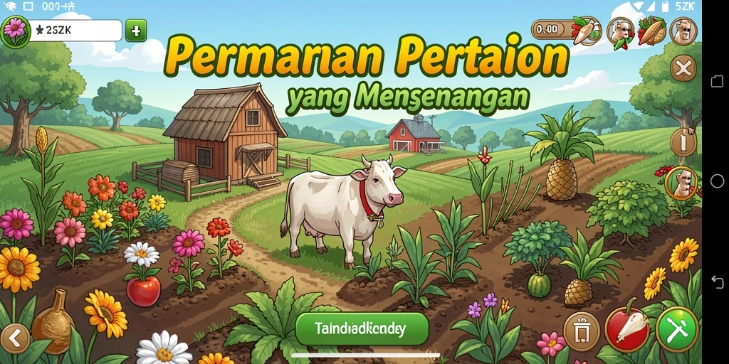 Screenshot gameplay 5ZK menampilkan ladang yang subur dan interaksi dengan hewan.