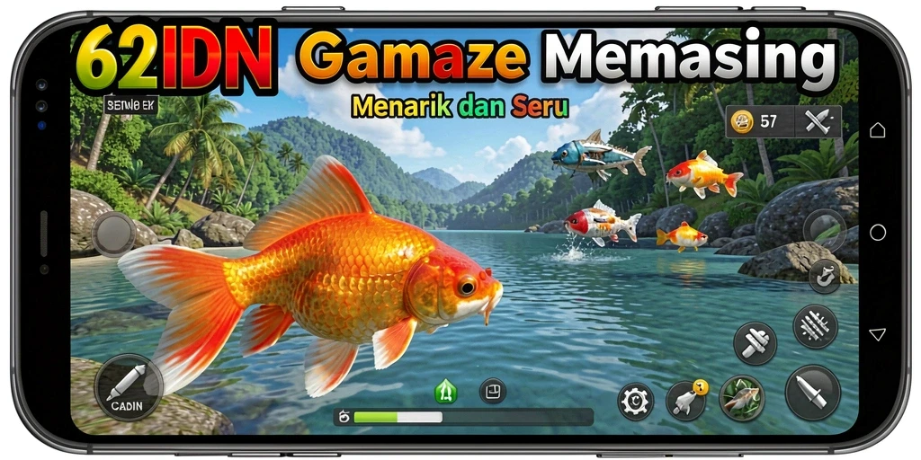 Screenshot menunjukkan pemain menangkap ikan besar di danau yang indah.
