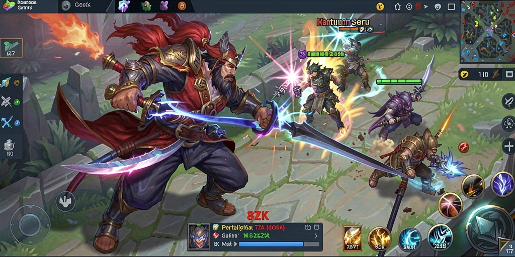 Tampilan gameplay menegangkan dalam pertarungan MOBA 8ZK.