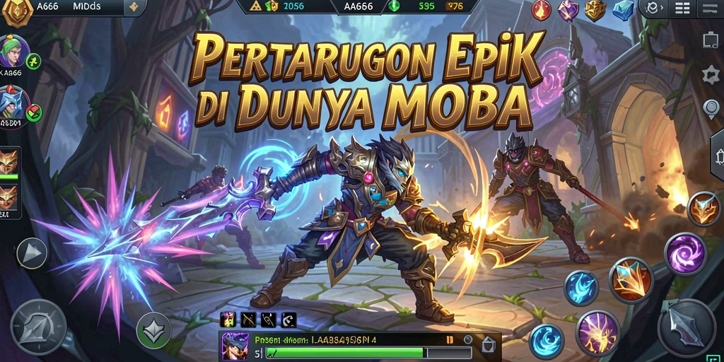 Tampilan gameplay seru di AA666 dengan pertarungan karakter MOBA.
