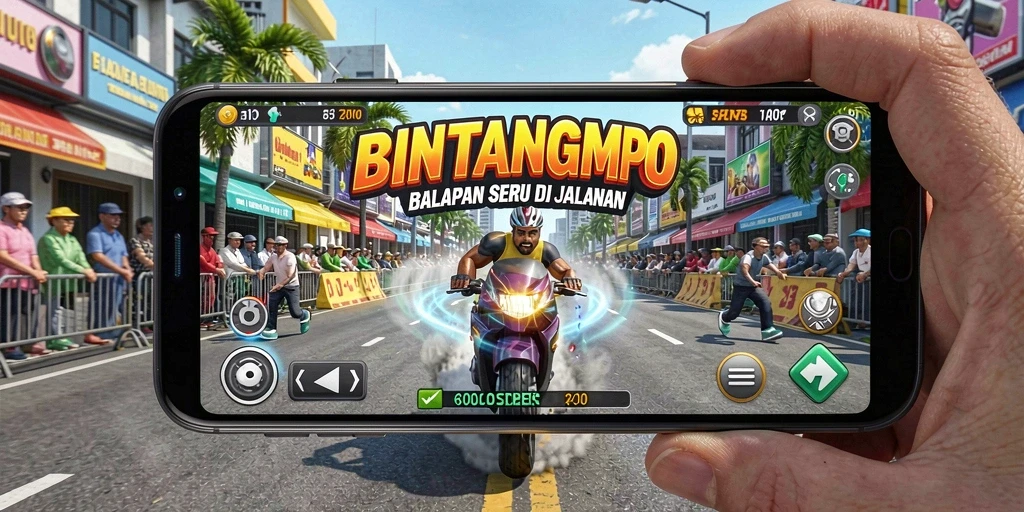 Screenshot gameplay BINTANGMPO menampilkan balapan mobil seru di jalanan.