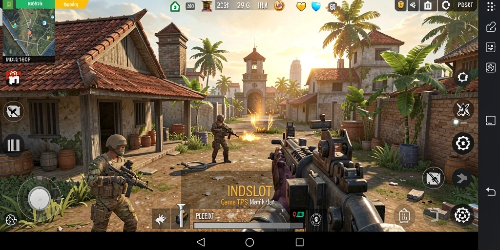 Screenshot INDSLOT menampilkan aksi tembak-menembak yang seru dalam mode TPS.
