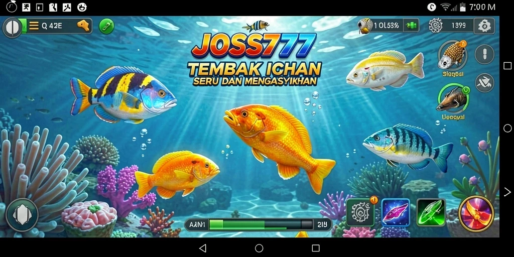 Tampilan gameplay JOSS777 yang menarik dengan berbagai ikan untuk diburu.
