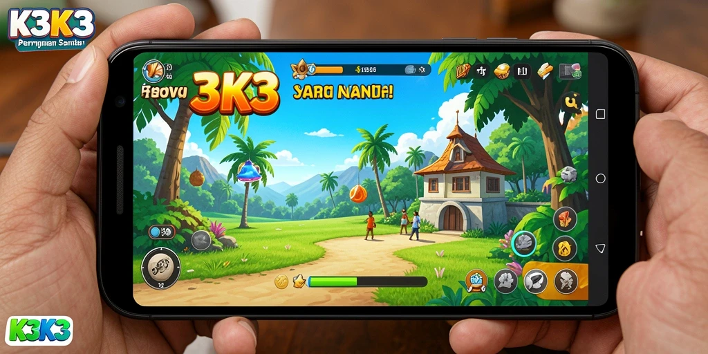 Screenshot utama K3K3 menampilkan gameplay seru dan penuh warna.