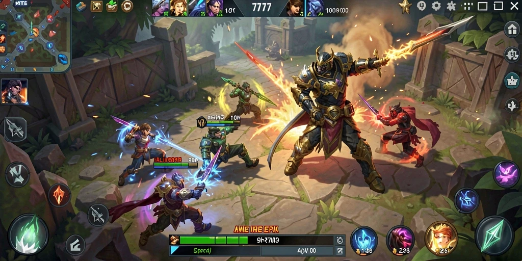 Screenshot utama MT777 menampilkan pertempuran seru di arena MOBA.