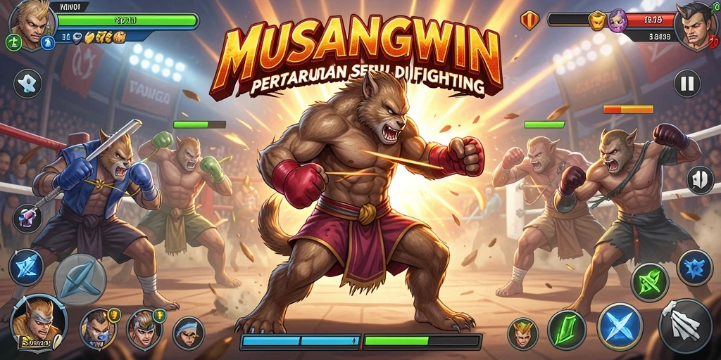 Tangkapan layar dari MUSANGWIN menunjukkan aksi pertarungan yang mendebarkan dan karakter-karakter unik.