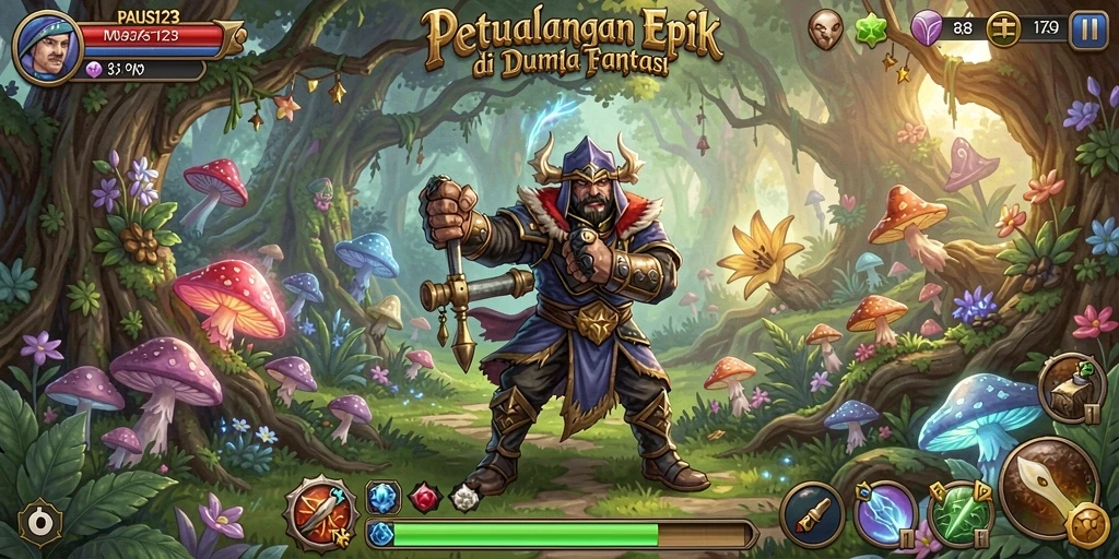 Screenshot utama PAUS123 menampilkan aksi seru saat bertarung dengan monster dalam RPG.
