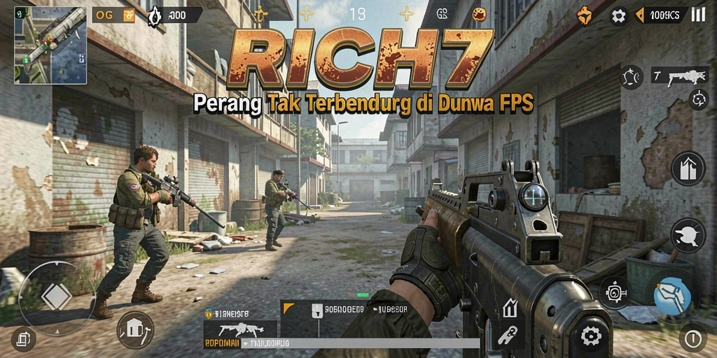 Tampilan aksi intens dari gameplay RICH7 di medan perang.